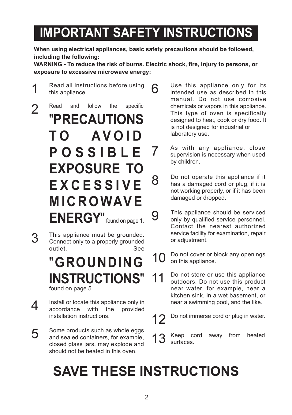 Grounding instructions, Save these instructions, Important safety instructions 3 | Emerson Radio MW8992RD User Manual | Page 3 / 30