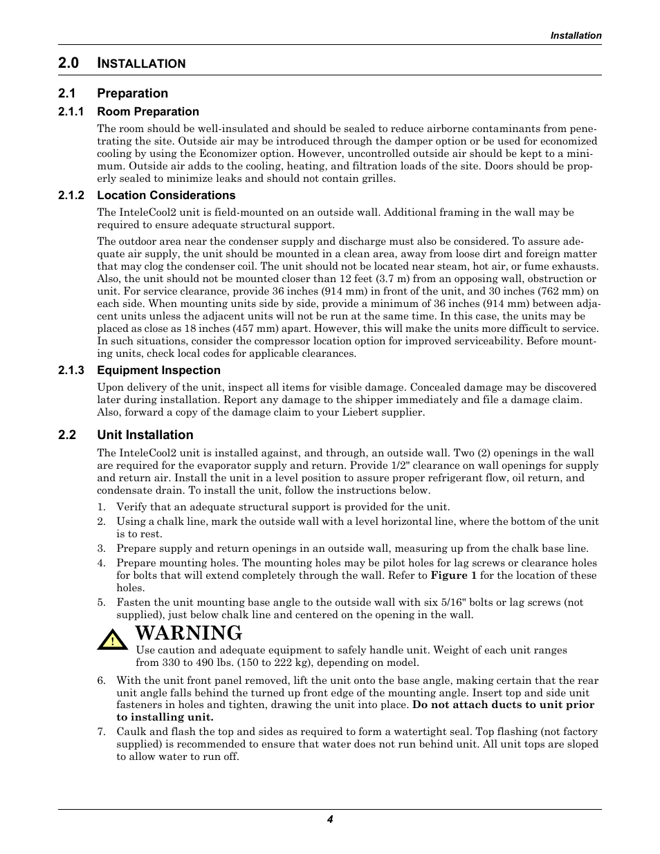 0 installation, 1 preparation, 1 room preparation | 2 location considerations, 3 equipment inspection, 2 unit installation, Nstallation, Preparation, Room preparation, Location considerations | Emerson 2 User Manual | Page 10 / 56
