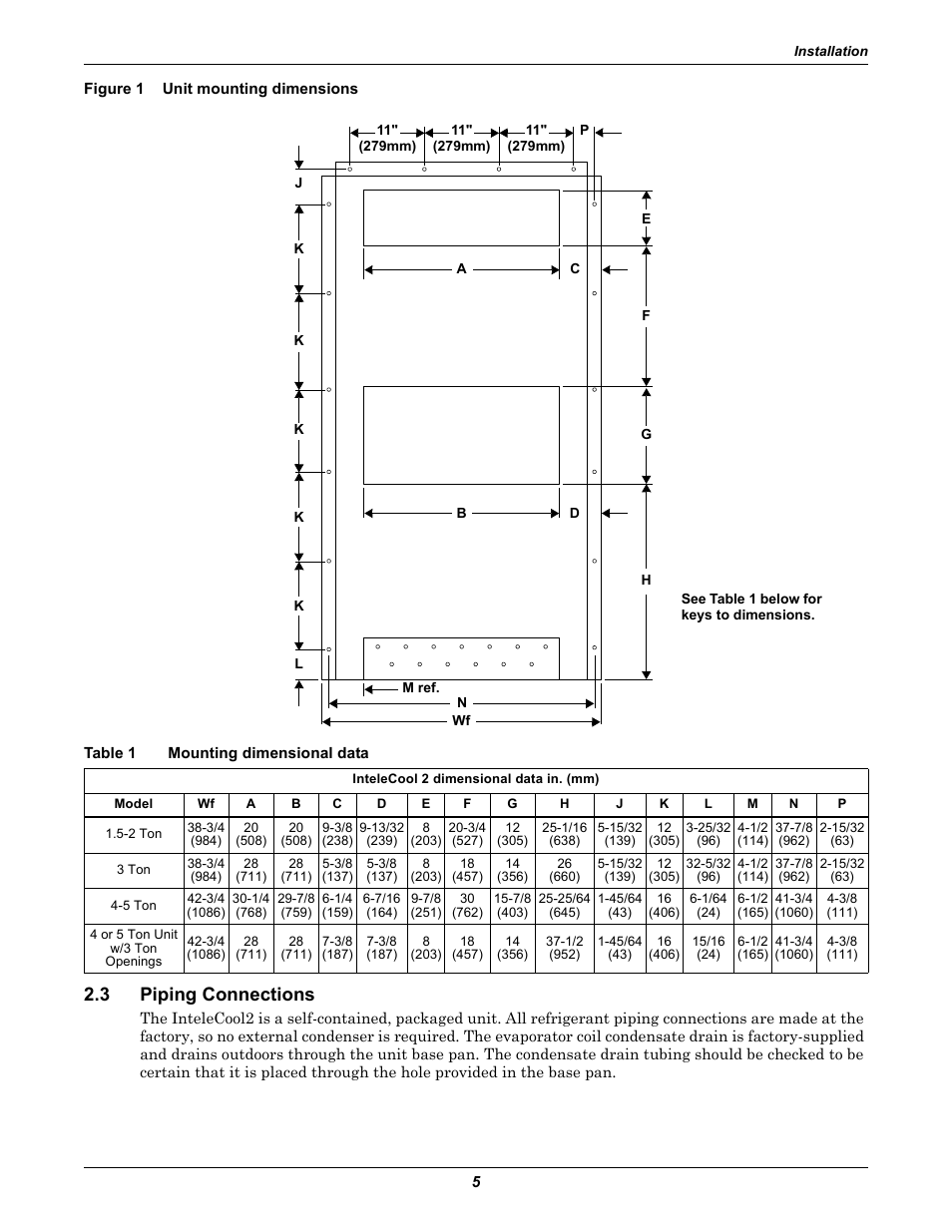 Figure 1 unit mounting dimensions, Table 1 mounting dimensional data, 3 piping connections | Piping connections, Figure 1, Unit mounting dimensions, Table 1, Mounting dimensional data | Emerson 2 User Manual | Page 11 / 56