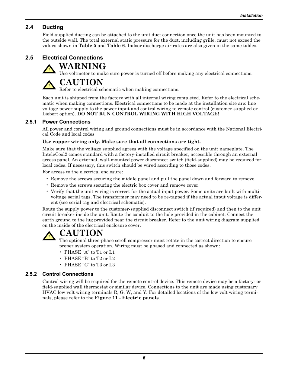 4 ducting, 5 electrical connections, 1 power connections | 2 control connections, Ducting, Electrical connections, Power connections, Control connections, Warning, Caution | Emerson 2 User Manual | Page 12 / 56