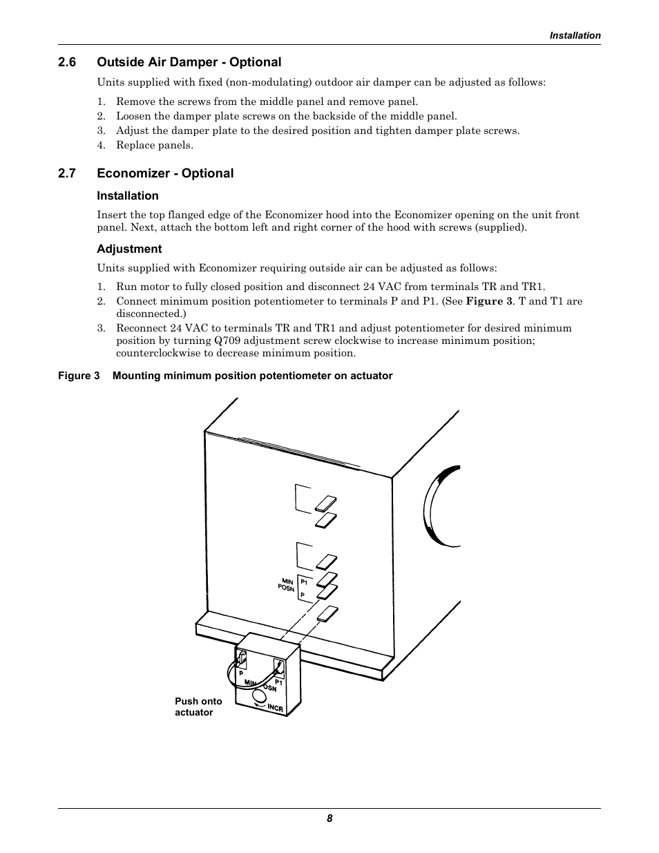 6 outside air damper - optional, 7 economizer - optional, Installation | Adjustment, Outside air damper - optional, Economizer - optional, Figure 3 | Emerson 2 User Manual | Page 14 / 56