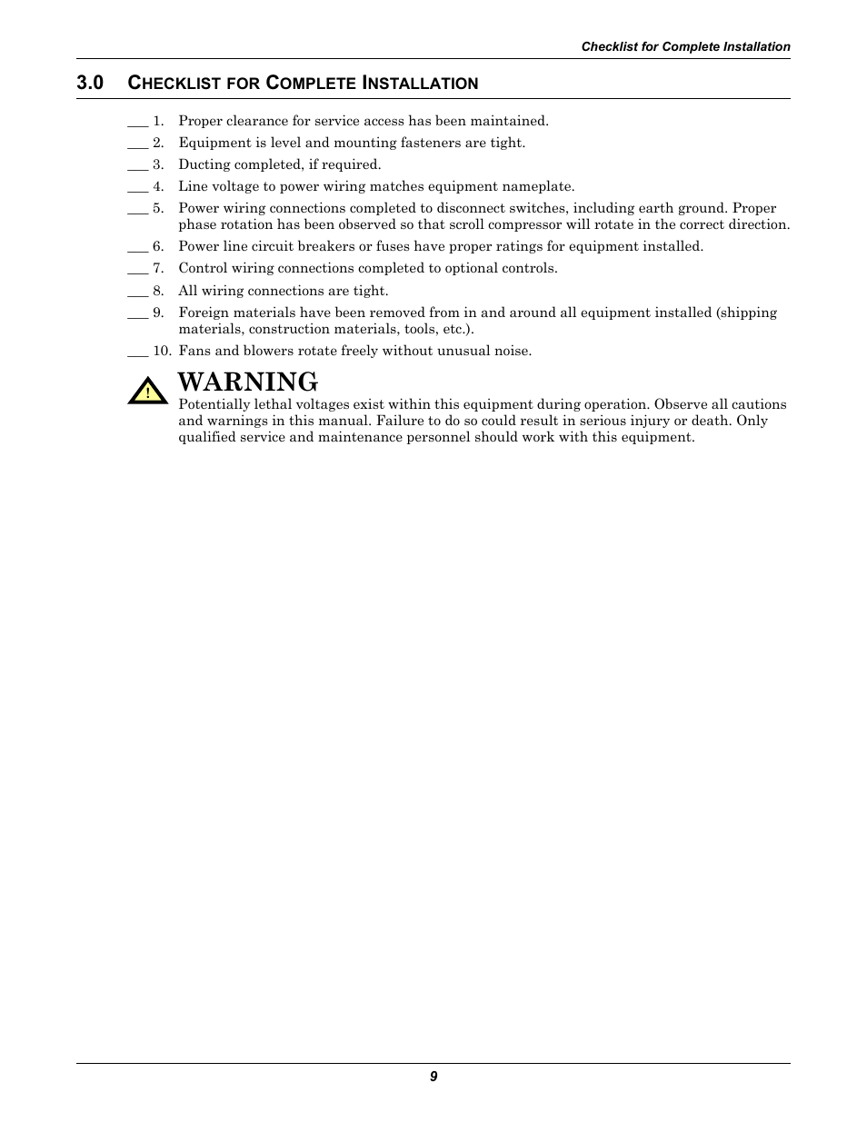 0 checklist for complete installation, Hecklist, Omplete | Nstallation, Warning | Emerson 2 User Manual | Page 15 / 56