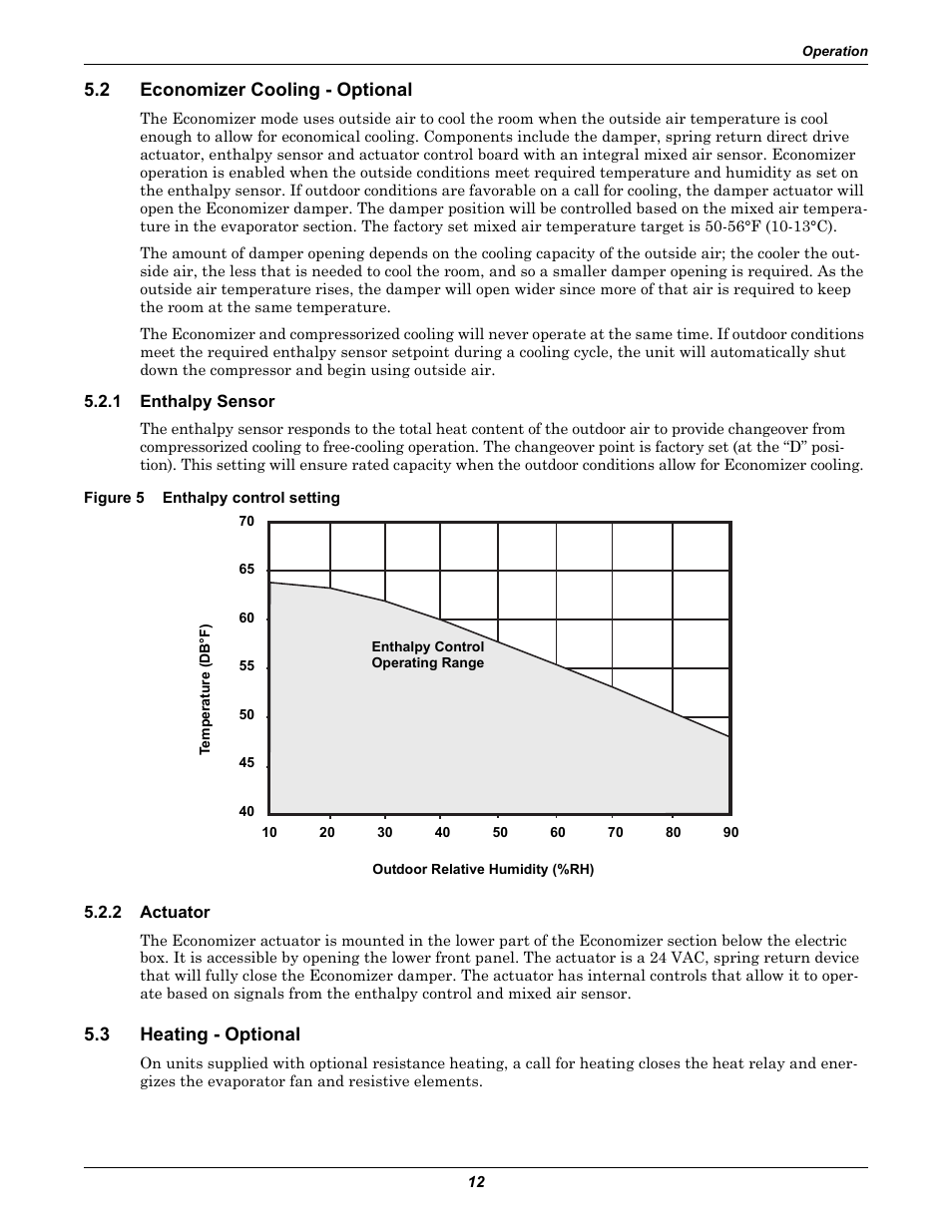 2 economizer cooling - optional, 1 enthalpy sensor, Figure 5 enthalpy control setting | 2 actuator, 3 heating - optional, Economizer cooling - optional, Enthalpy sensor, Actuator, Heating - optional, Figure 5 | Emerson 2 User Manual | Page 18 / 56