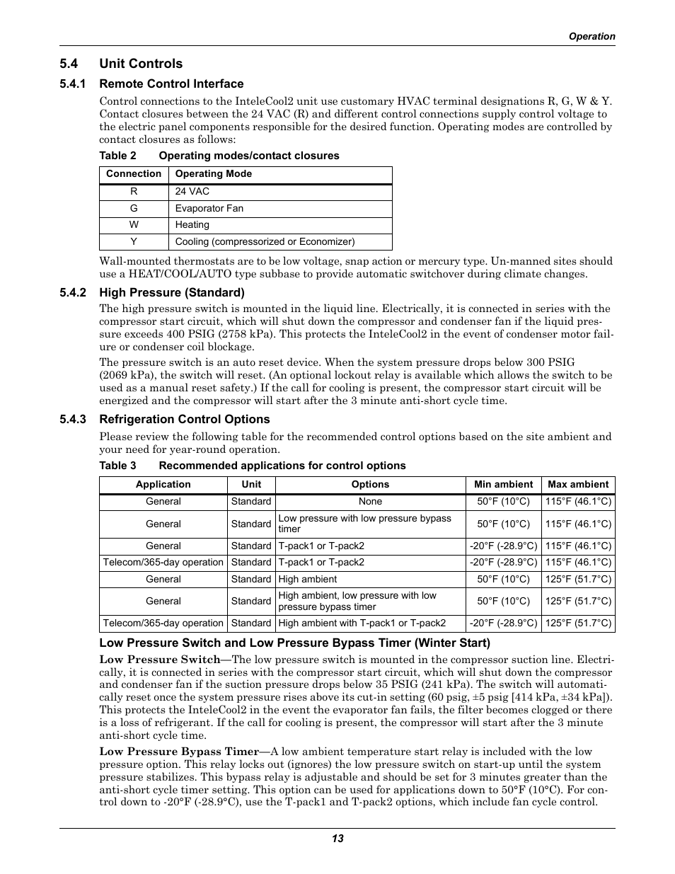 4 unit controls, 1 remote control interface, Table 2 operating modes/contact closures | 2 high pressure (standard), 3 refrigeration control options, Unit controls, Remote control interface, High pressure (standard), Refrigeration control options, Table 2 | Emerson 2 User Manual | Page 19 / 56