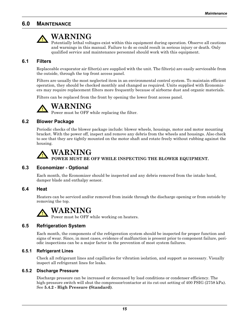 0 maintenance, 1 filters, 2 blower package | 3 economizer - optional, 4 heat, 5 refrigeration system, 1 refrigerant lines, 2 discharge pressure, Aintenance, Filters | Emerson 2 User Manual | Page 21 / 56