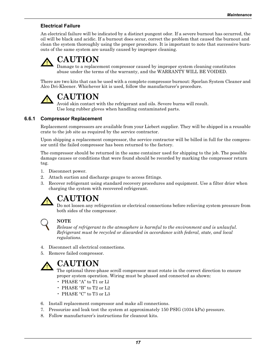 Electrical failure, 1 compressor replacement, Compressor replacement | Caution | Emerson 2 User Manual | Page 23 / 56