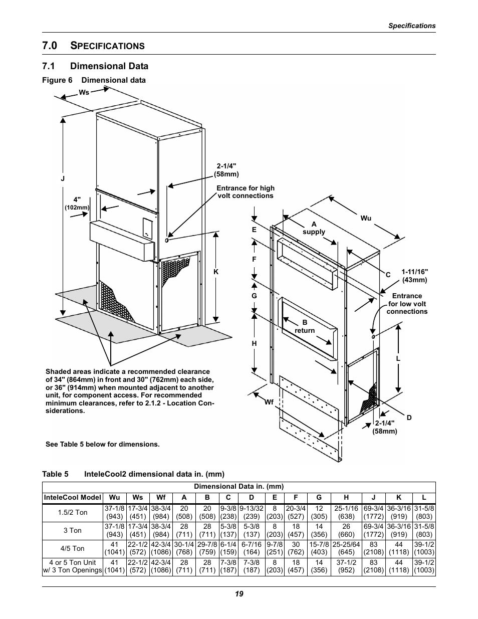 0 specifications, 1 dimensional data, Figure 6 dimensional data | Table 5 intelecool2 dimensional data in. (mm), Pecifications, Dimensional data, Figure 6, Table 5, Intelecool2 dimensional data in. (mm) | Emerson 2 User Manual | Page 25 / 56