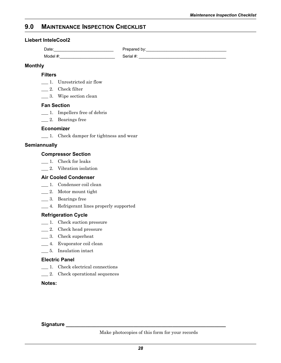 0 maintenance inspection checklist, Liebert intelecool2, Monthly | Filters, Fan section, Economizer, Semiannually, Compressor section, Air cooled condenser, Refrigeration cycle | Emerson 2 User Manual | Page 34 / 56