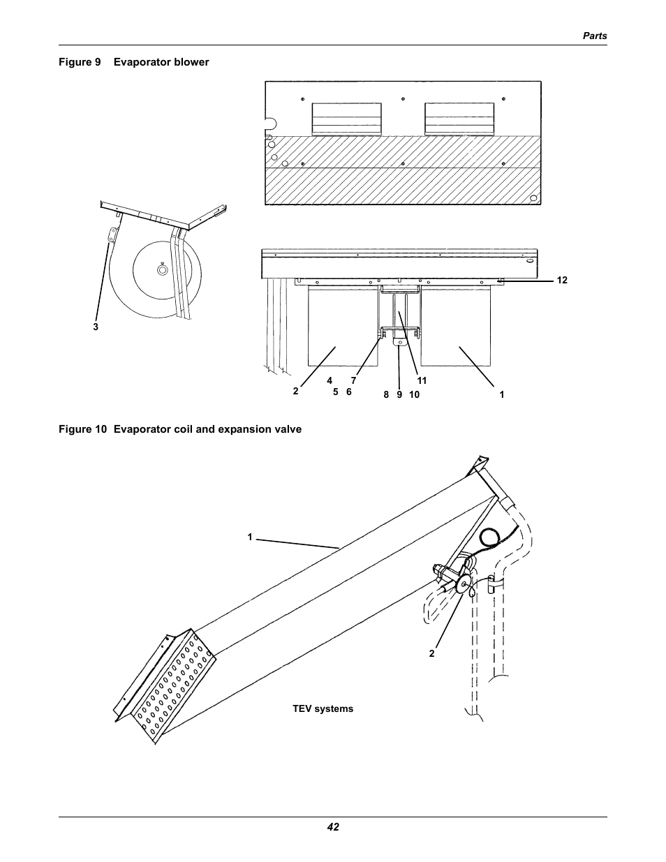 Figure 9 evaporator blower, Figure 10 evaporator coil and expansion valve, Figure 9 | Evaporator blower, 9 - 4 grommot, 9 - 5 screw | Emerson 2 User Manual | Page 48 / 56