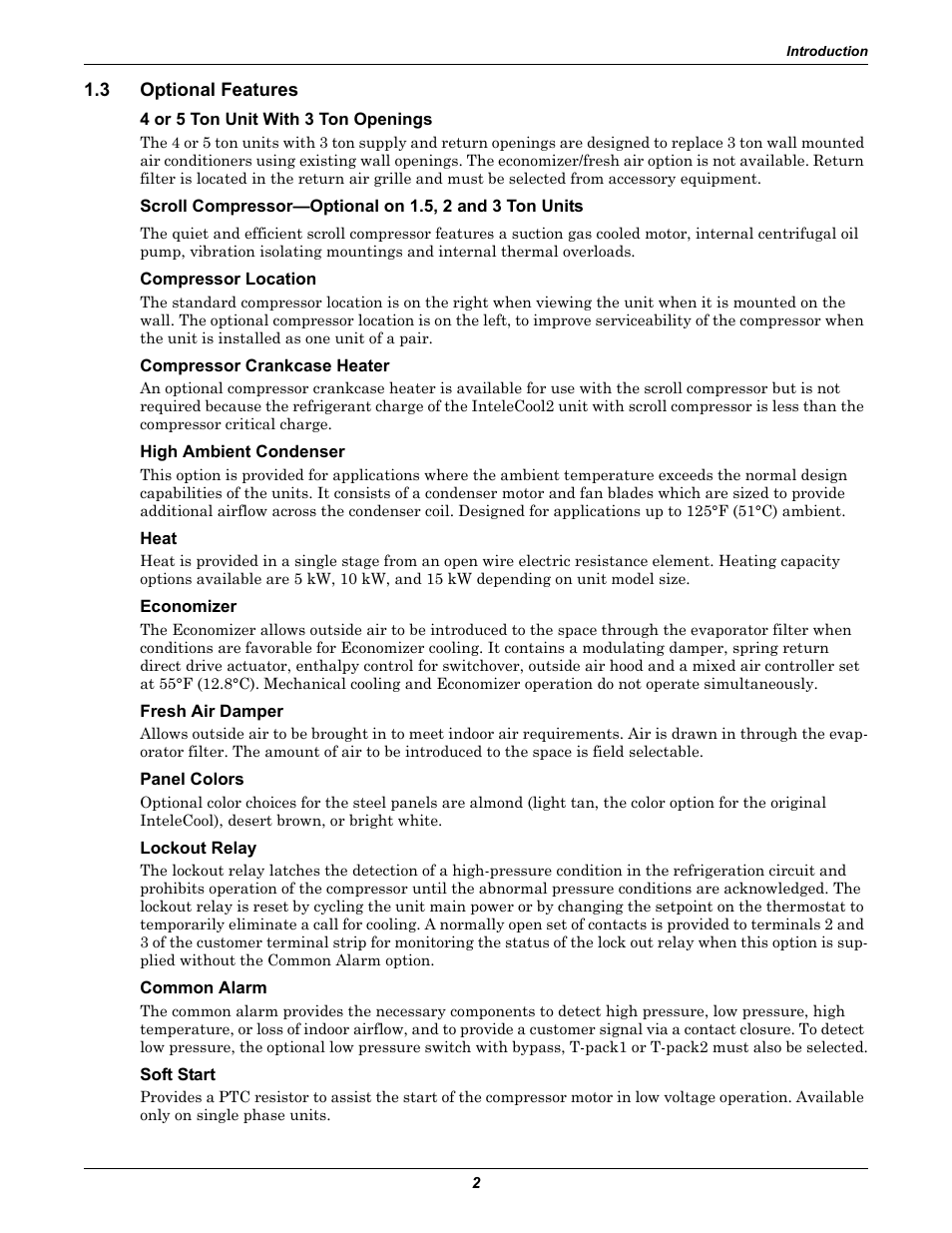 3 optional features, 4 or 5 ton unit with 3 ton openings, Compressor location | Compressor crankcase heater, High ambient condenser, Heat, Economizer, Fresh air damper, Panel colors, Lockout relay | Emerson 2 User Manual | Page 8 / 56