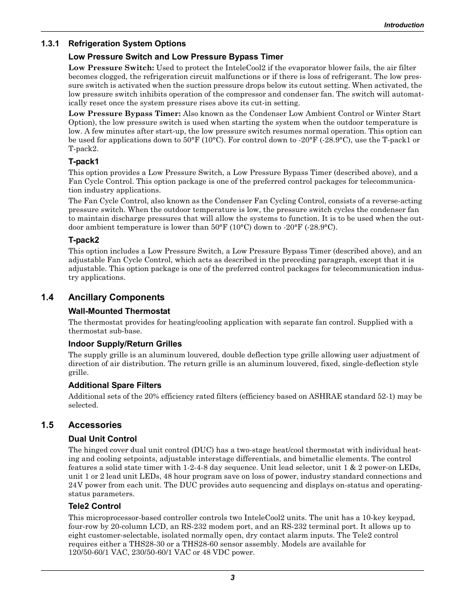 1 refrigeration system options, Low pressure switch and low pressure bypass timer, T-pack1 | T-pack2, 4 ancillary components, Wall-mounted thermostat, Indoor supply/return grilles, Additional spare filters, 5 accessories, Dual unit control | Emerson 2 User Manual | Page 9 / 56