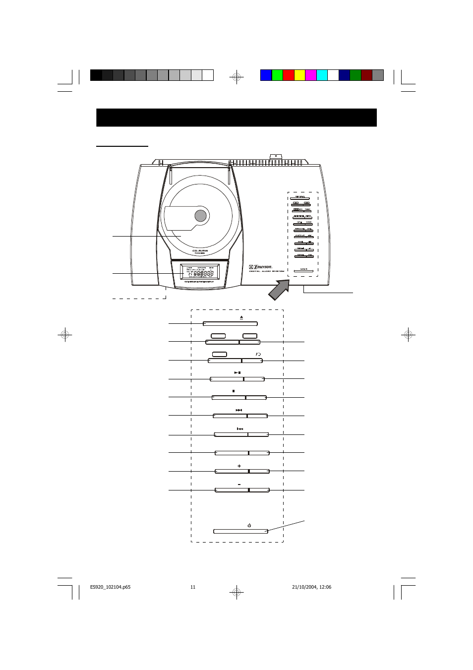 Location of controls and indicators, Front panel | Emerson Radio ES920 User Manual | Page 12 / 42