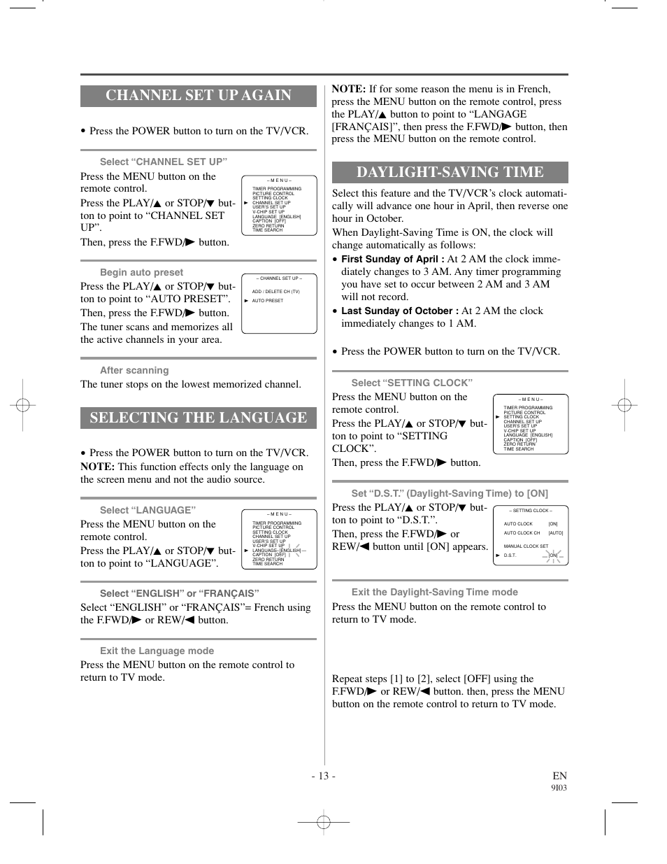 Channel set up again, Selecting the language, Daylight-saving time | Emerson EC1320C User Manual | Page 13 / 32