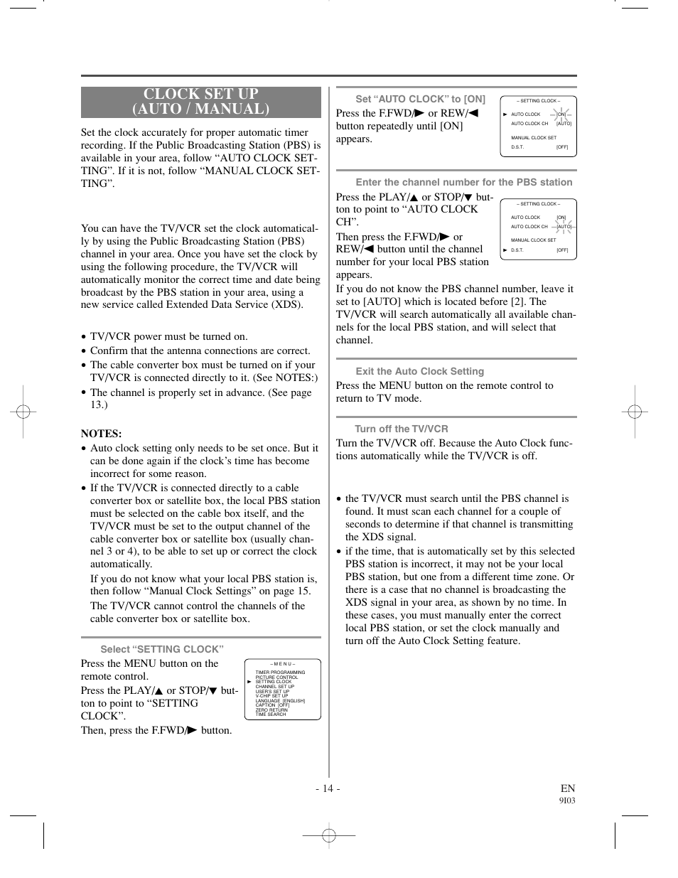 Clock set up (auto / manual), Auto clock setting | Emerson EC1320C User Manual | Page 14 / 32