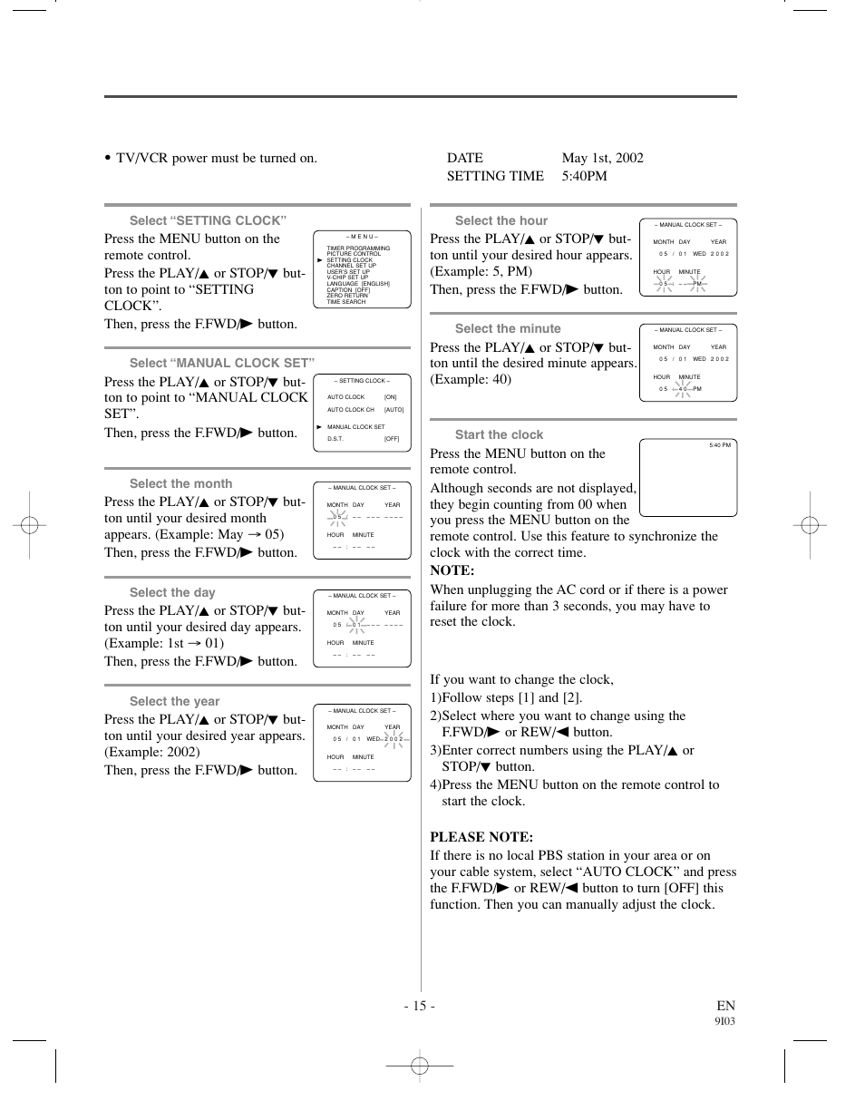Manual clock setting, 15 - en, Make sure | Select “setting clock, Select “manual clock set, Select the month, Select the day, Select the year, Select the hour, Select the minute | Emerson EC1320C User Manual | Page 15 / 32