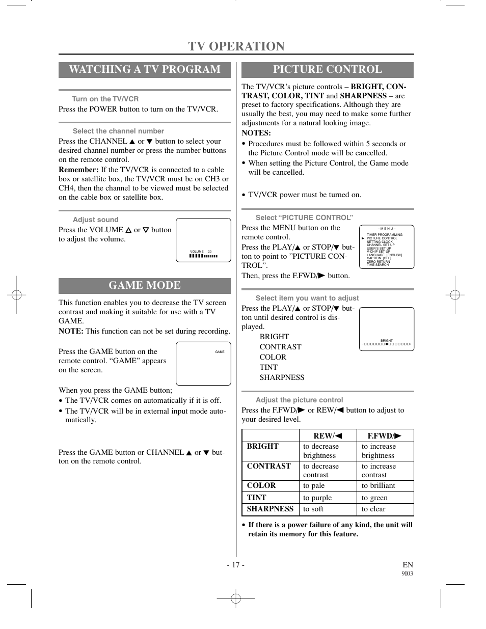 Tv operation, Watching a tv program, Game mode | Picture control | Emerson EC1320C User Manual | Page 17 / 32