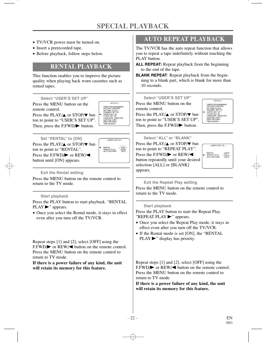 Special playback, Rental playback, Auto repeat playback | Emerson EC1320C User Manual | Page 22 / 32