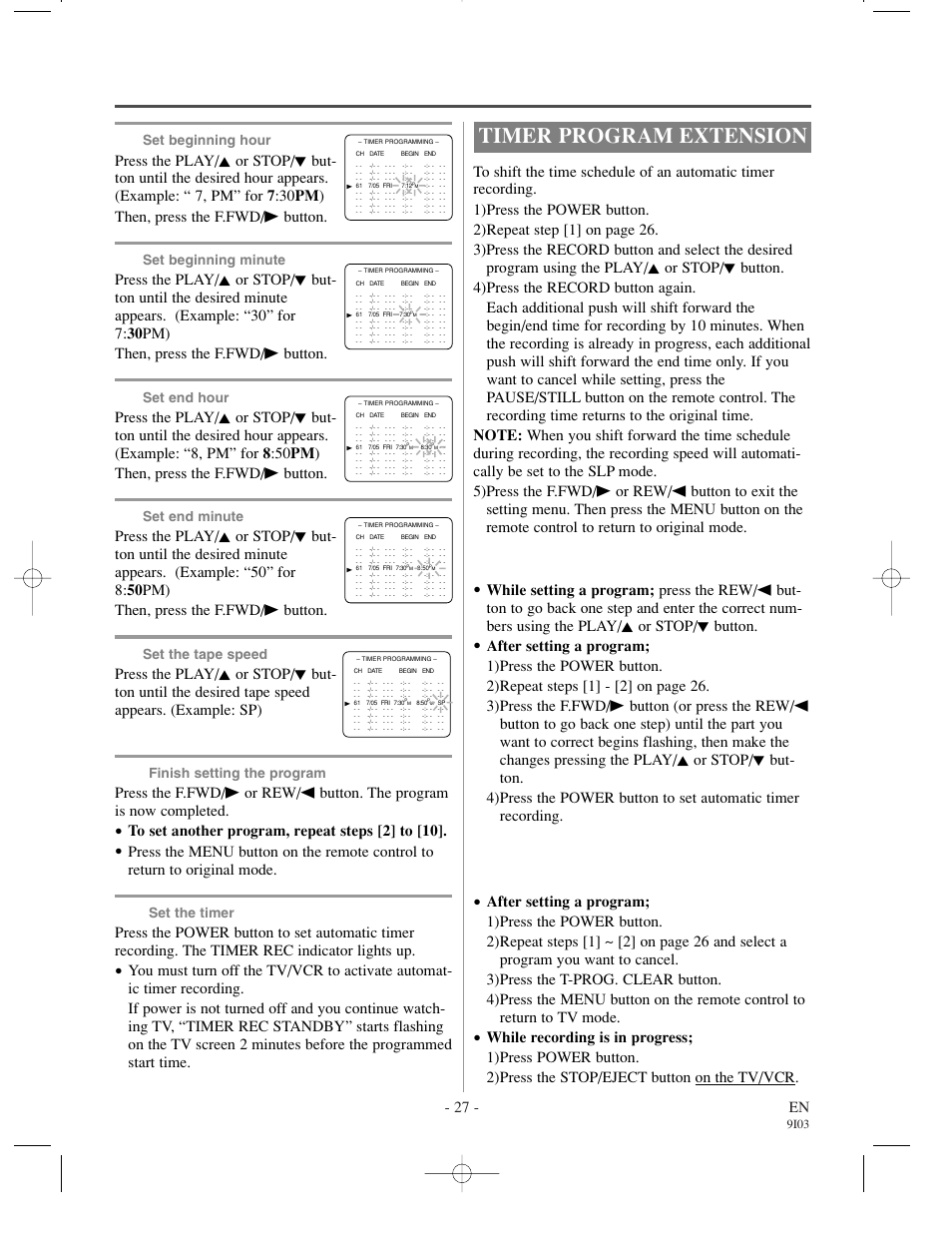 Timer program extension, 27 - en, Set beginning hour | Set beginning minute, Set end hour, Set end minute, Set the tape speed, Finish setting the program, Set the timer, 9i03 | Emerson EC1320C User Manual | Page 27 / 32