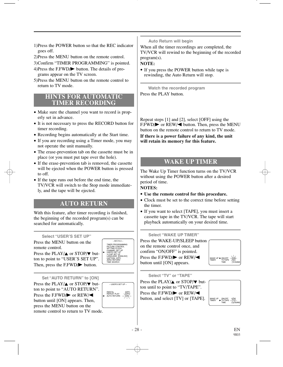 Hints for automatic timer recording, Auto return, Wake up timer | Emerson EC1320C User Manual | Page 28 / 32