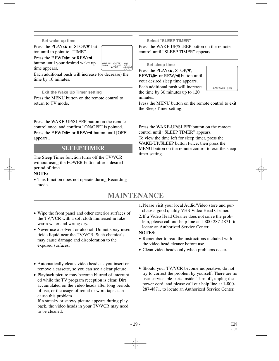 Maintenance, Sleep timer | Emerson EC1320C User Manual | Page 29 / 32