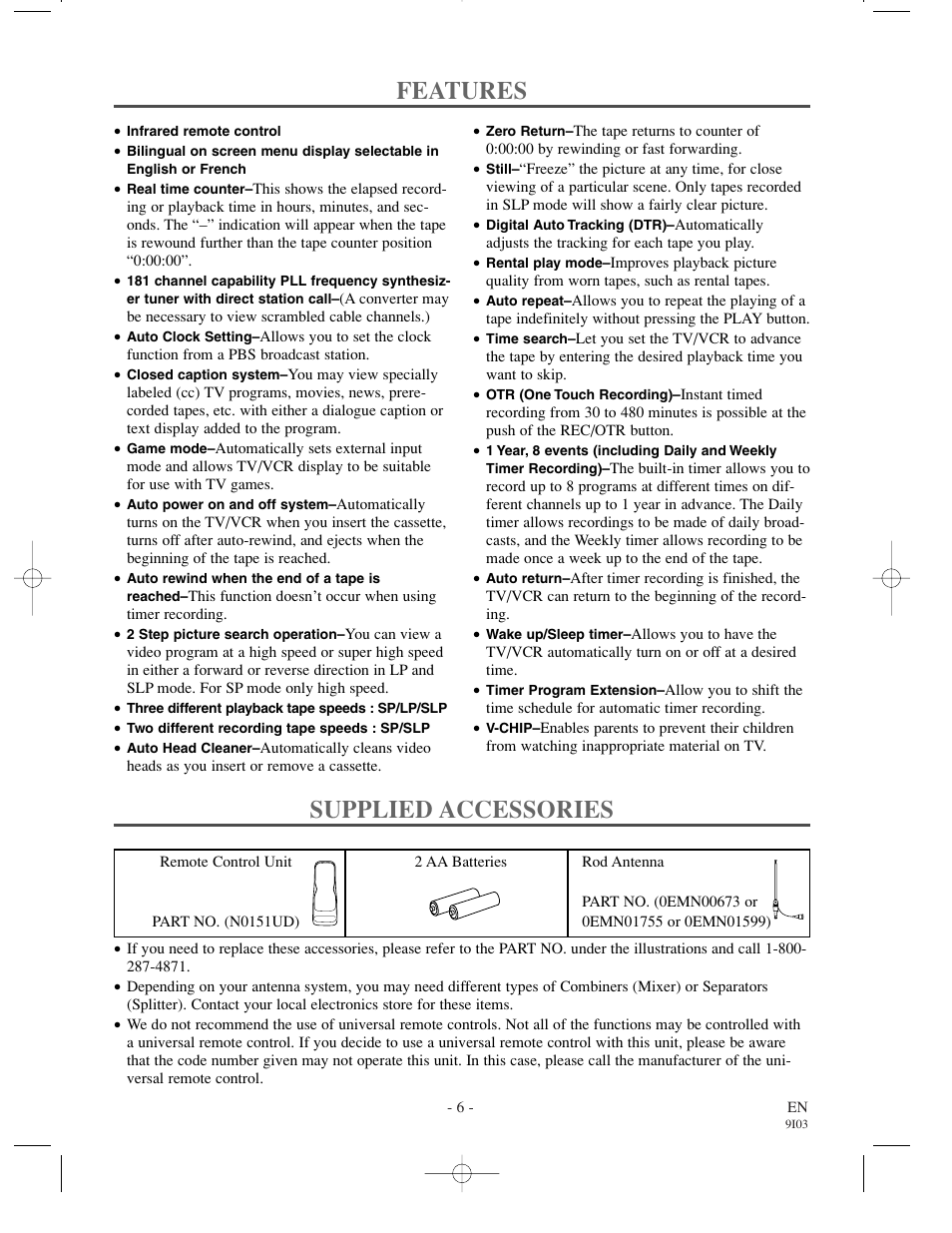 Features, Supplied accessories | Emerson EC1320C User Manual | Page 6 / 32