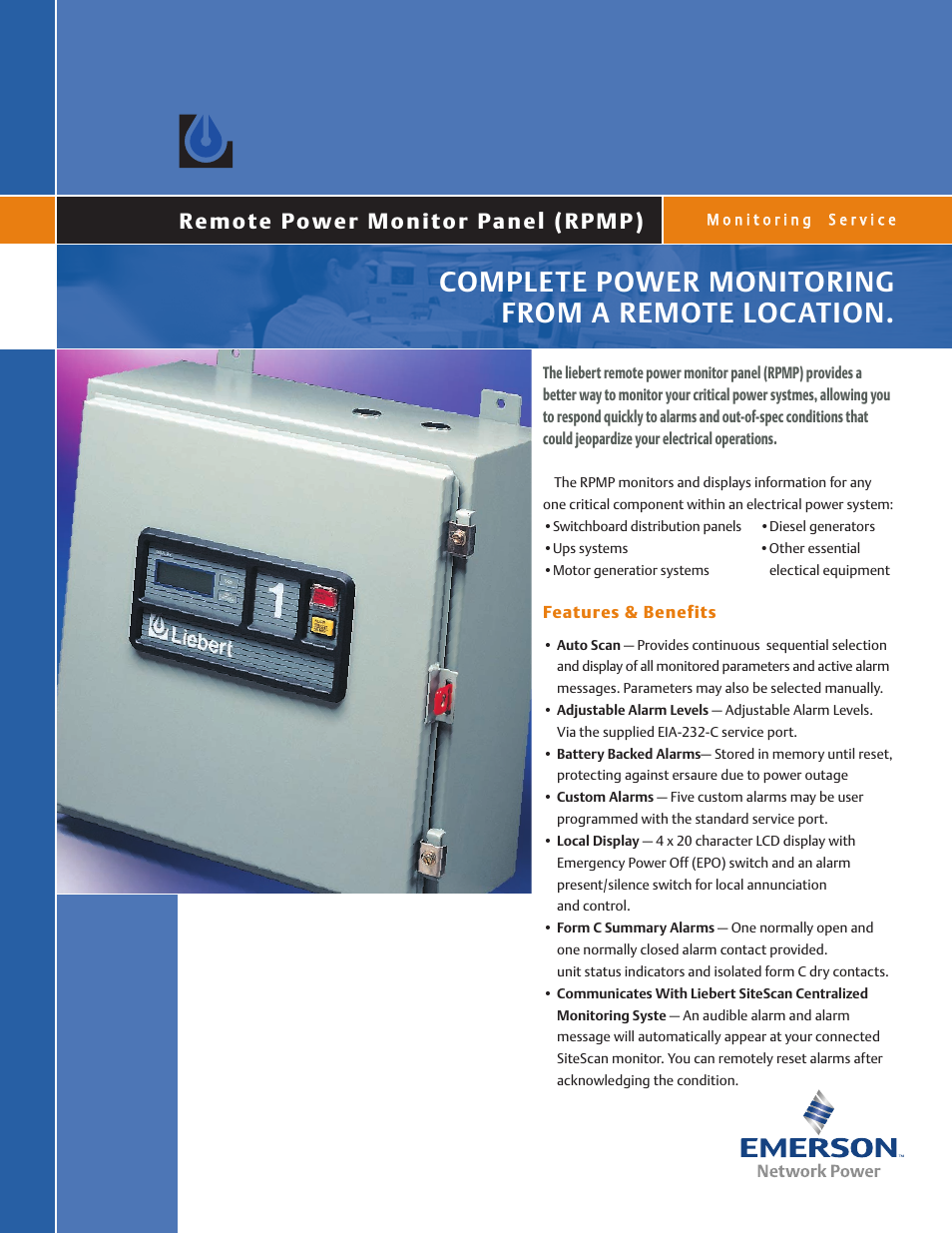 Emerson Remote Power Monitor Panel User Manual | 2 pages