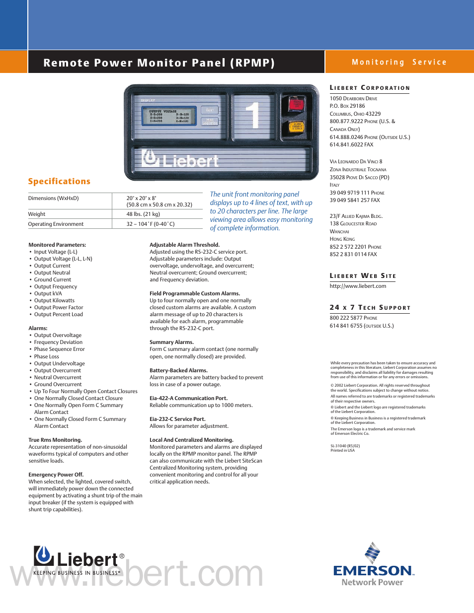 Specifications | Emerson Remote Power Monitor Panel User Manual | Page 2 / 2