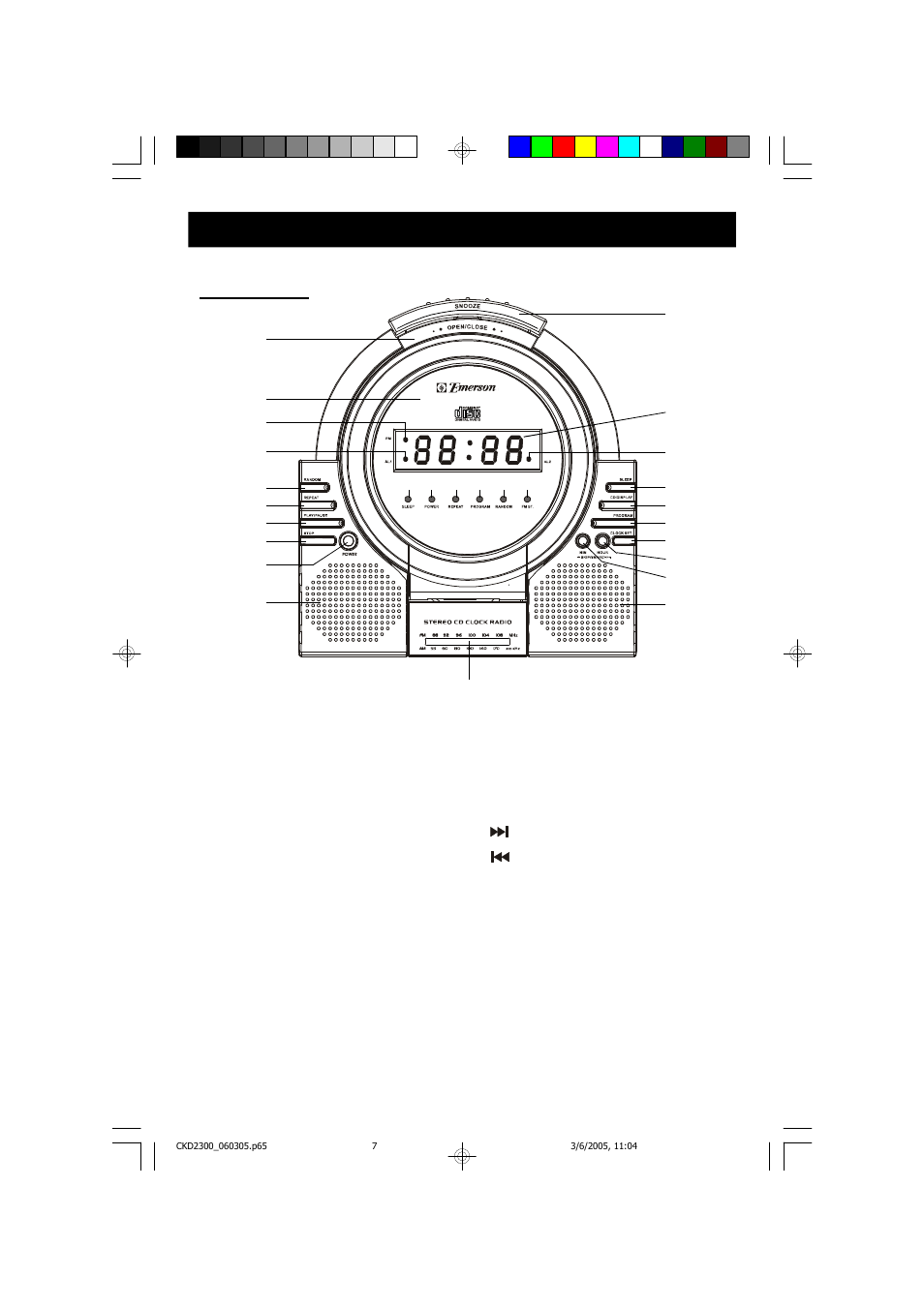 Location of controls and indicators, Front panel | Emerson Radio CKD2300 User Manual | Page 8 / 28