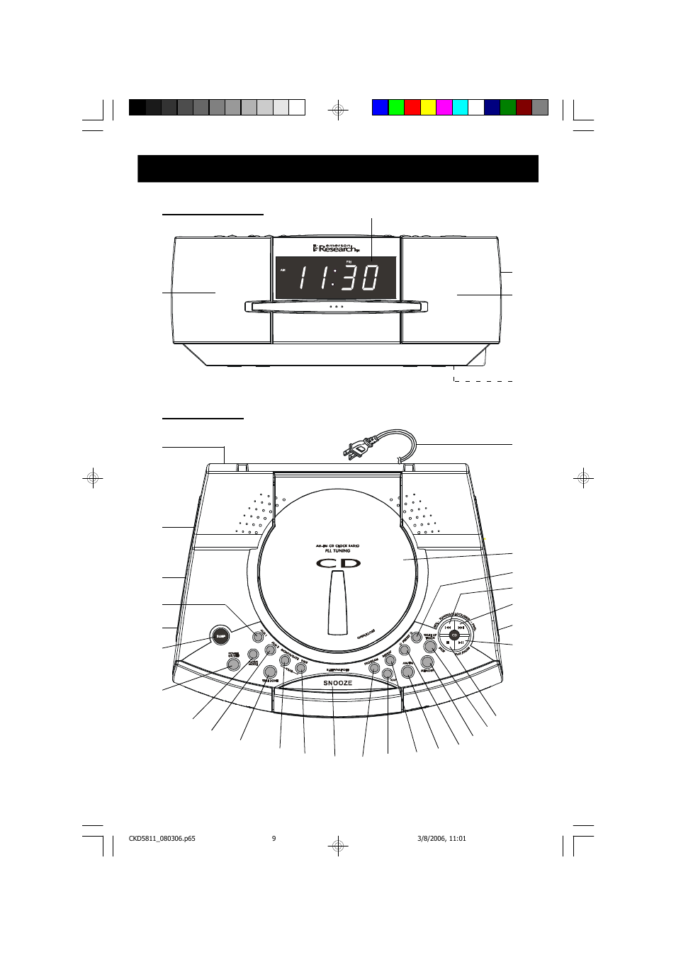 Location of controls and indicators, Front panel, Top panel | Emerson Radio CKD5811 User Manual | Page 10 / 40