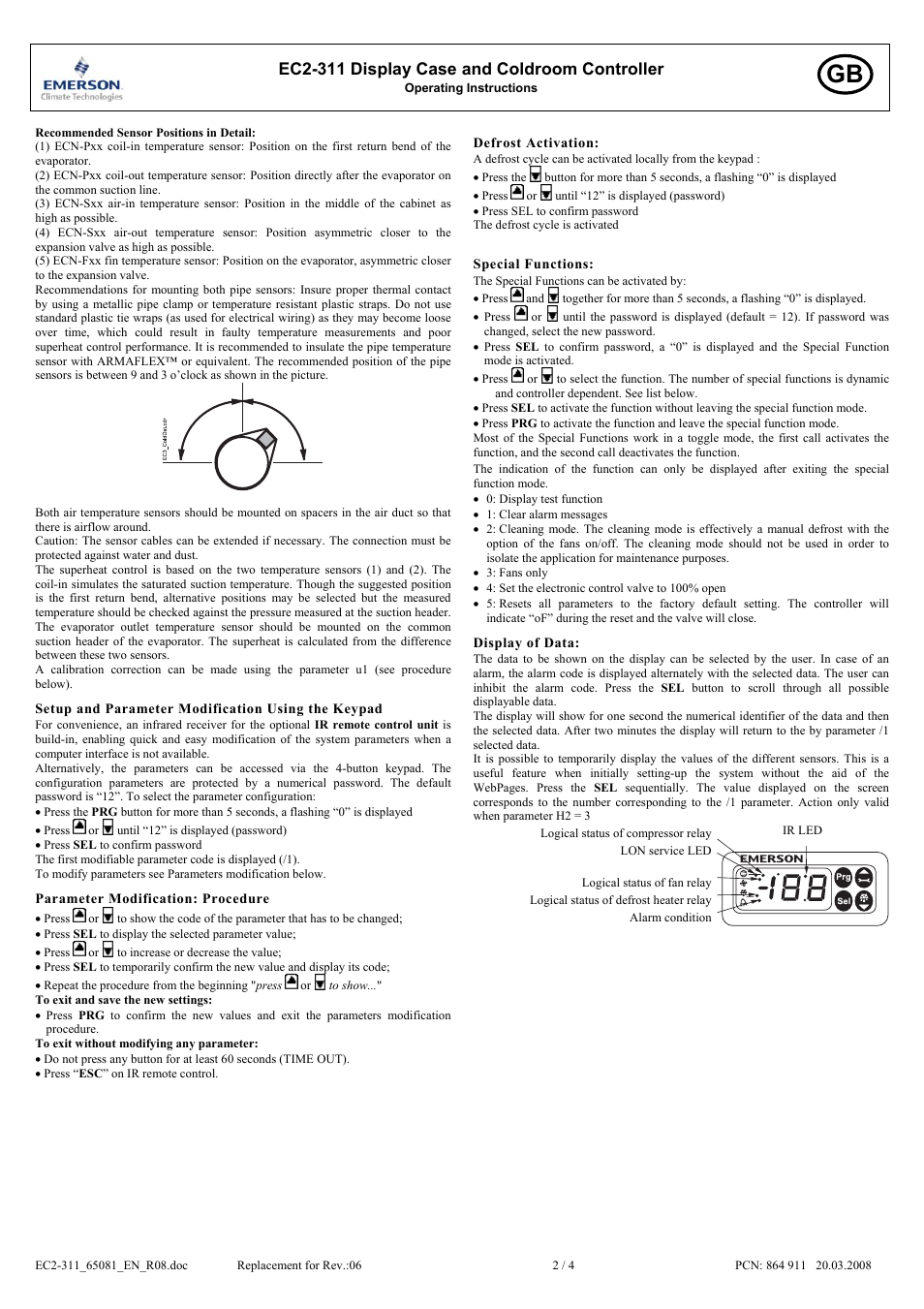 Ec2-311 display case and coldroom controller | Emerson EC2-311 User Manual | Page 2 / 4