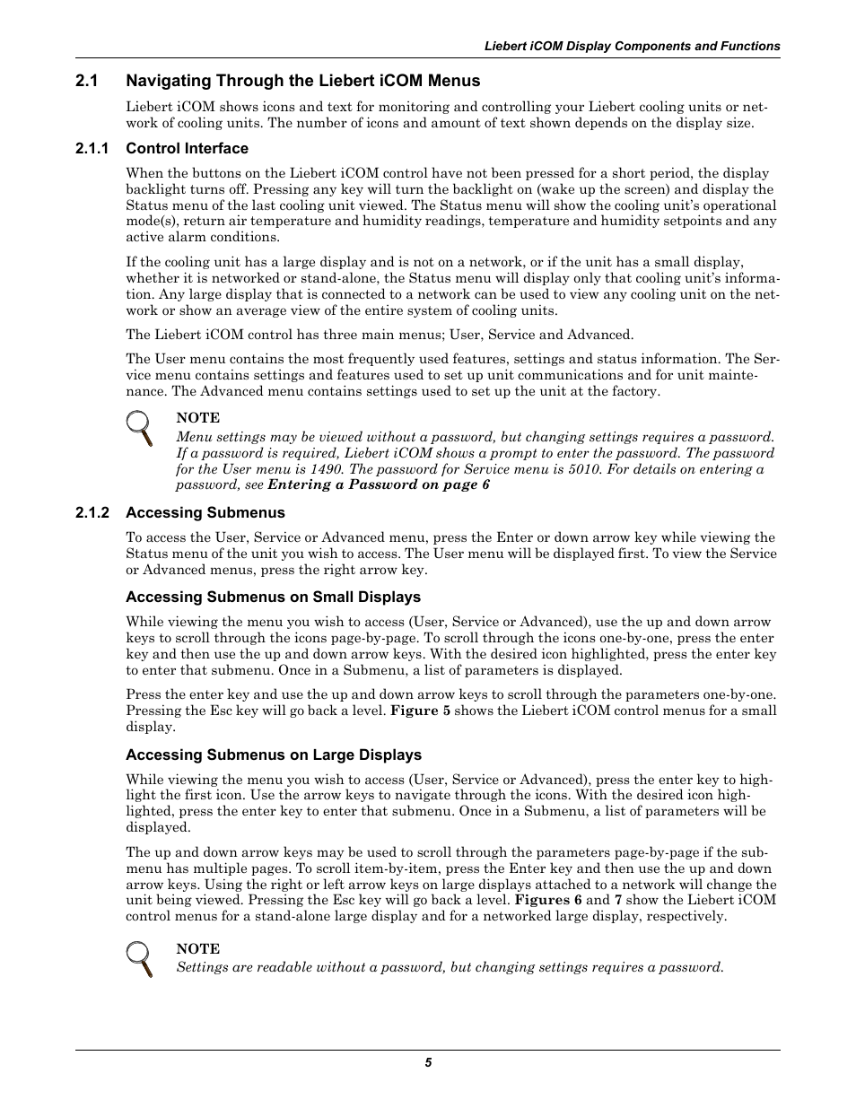 1 navigating through the liebert icom menus, 1 control interface, 2 accessing submenus | Accessing submenus on small displays, Accessing submenus on large displays, Navigating through the liebert icom menus, Control interface, Accessing submenus | Emerson Liebert iCOM User Manual | Page 11 / 84