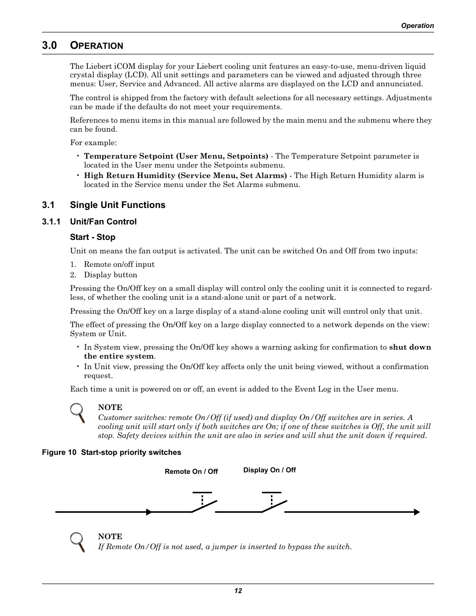 0 operation, 1 single unit functions, 1 unit/fan control | Start - stop, Figure 10 start-stop priority switches, Peration, Single unit functions, Unit/fan control | Emerson Liebert iCOM User Manual | Page 18 / 84
