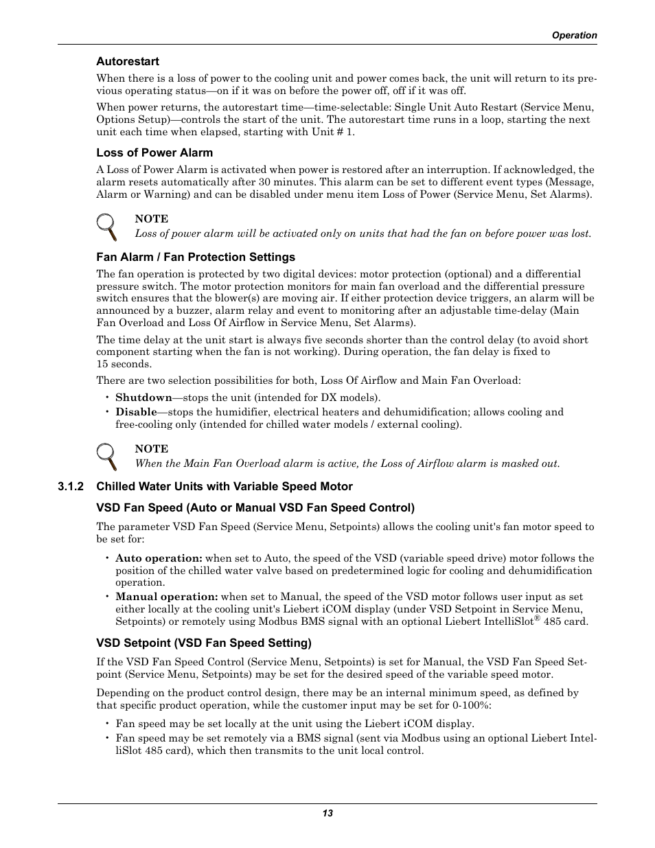 Autorestart, Loss of power alarm, Fan alarm / fan protection settings | 2 chilled water units with variable speed motor, Vsd setpoint (vsd fan speed setting), Chilled water units with variable speed motor | Emerson Liebert iCOM User Manual | Page 19 / 84