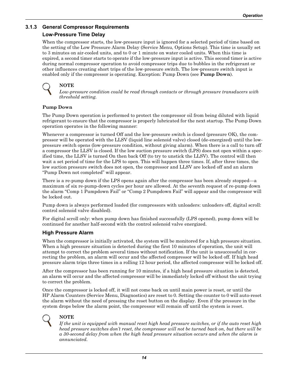 3 general compressor requirements, Low-pressure time delay, High pressure alarm | General compressor requirements | Emerson Liebert iCOM User Manual | Page 20 / 84