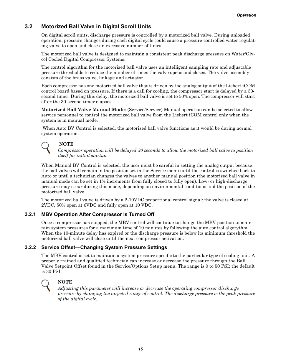 2 motorized ball valve in digital scroll units, 1 mbv operation after compressor is turned off, 2 service offset—changing system pressure settings | Motorized ball valve in digital scroll units, Mbv operation after compressor is turned off, Service offset—changing system pressure settings | Emerson Liebert iCOM User Manual | Page 22 / 84