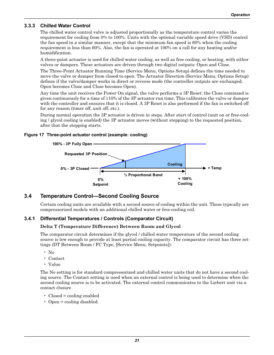 3 chilled water control, 4 temperature control—second cooling source, Chilled water control | Temperature control—second cooling source | Emerson Liebert iCOM User Manual | Page 27 / 84