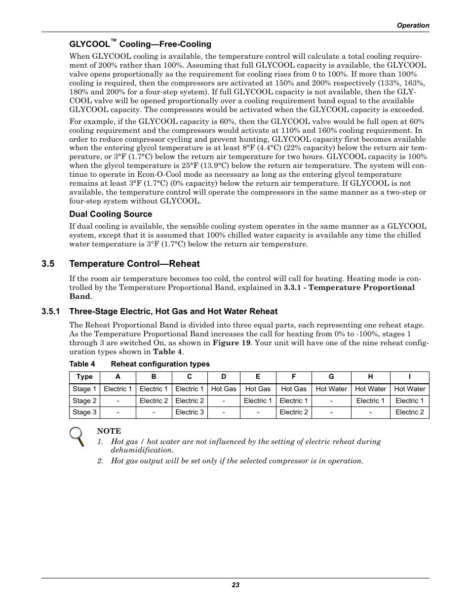 Glycool™ cooling—free-cooling, Dual cooling source, 5 temperature control—reheat | Table 4 reheat configuration types, Temperature control—reheat, Three-stage electric, hot gas and hot water reheat, Table 4, Reheat configuration types | Emerson Liebert iCOM User Manual | Page 29 / 84