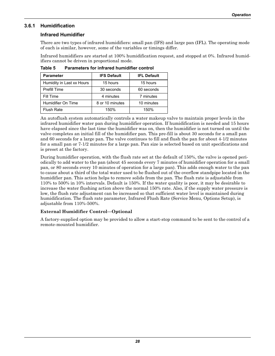 1 humidification, Infrared humidifier, Table 5 parameters for infrared humidifier control | Humidification, Table 5, Parameters for infrared humidifier control | Emerson Liebert iCOM User Manual | Page 34 / 84