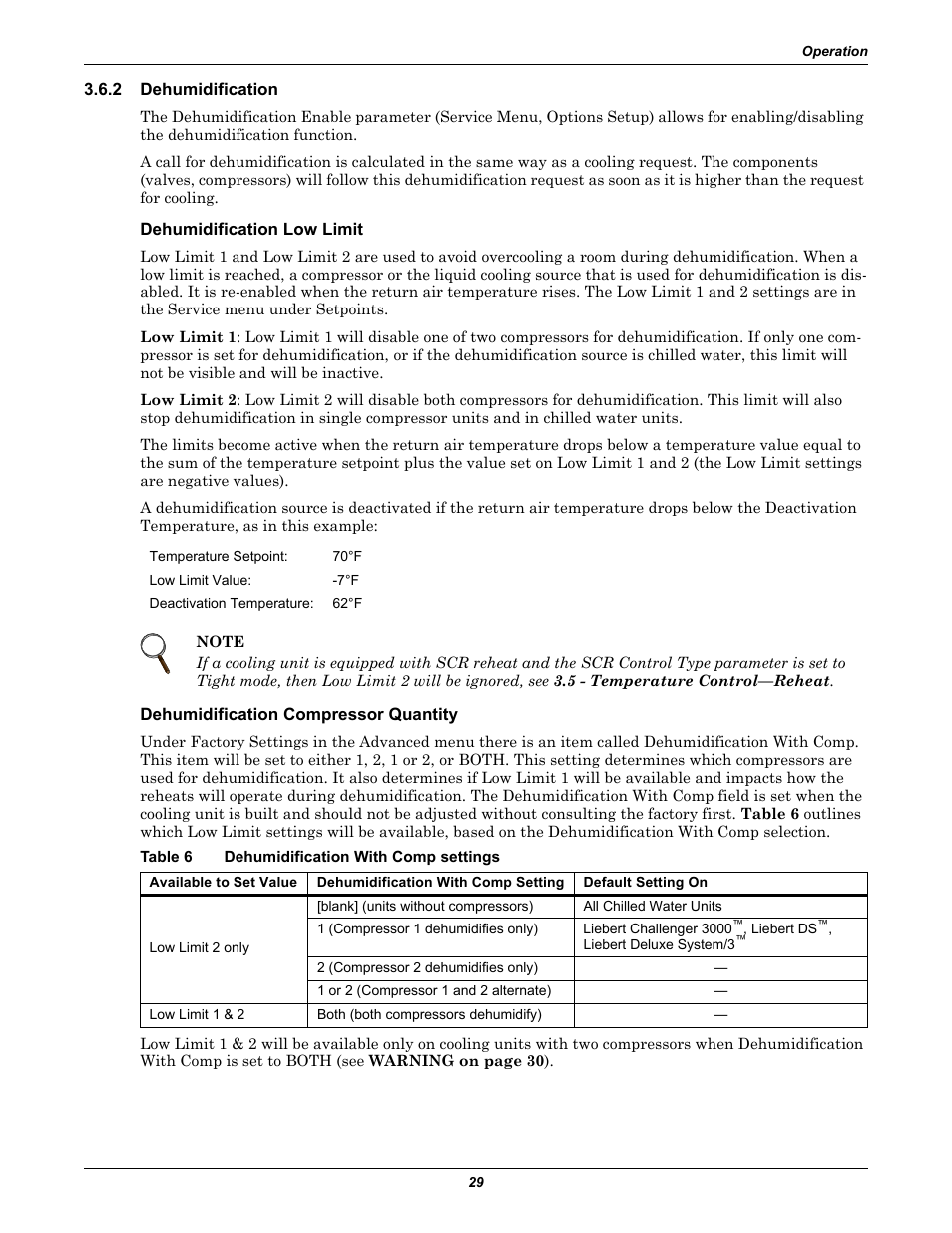 2 dehumidification, Dehumidification low limit, Dehumidification compressor quantity | Table 6 dehumidification with comp settings, Dehumidification, Table 6, Dehumidification with comp settings | Emerson Liebert iCOM User Manual | Page 35 / 84