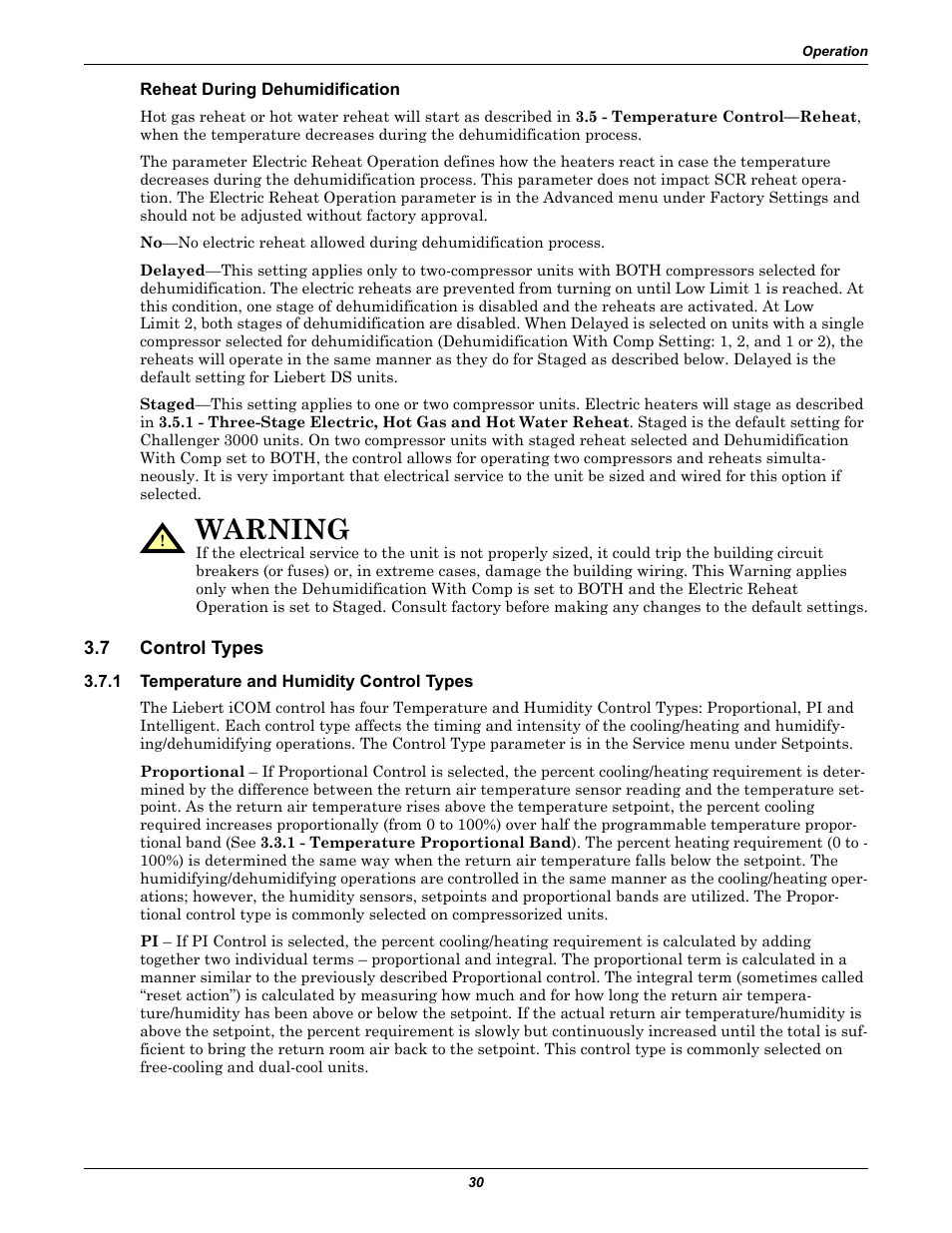 Reheat during dehumidification, 7 control types, 1 temperature and humidity control types | Control types, Temperature and humidity control types, Warning | Emerson Liebert iCOM User Manual | Page 36 / 84