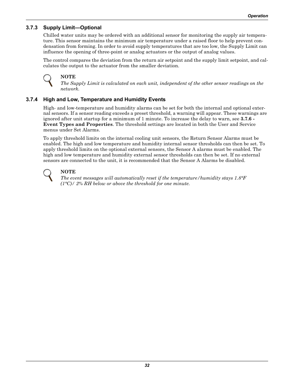 3 supply limit—optional, 4 high and low, temperature and humidity events, Supply limit—optional | High and low, temperature and humidity events | Emerson Liebert iCOM User Manual | Page 38 / 84