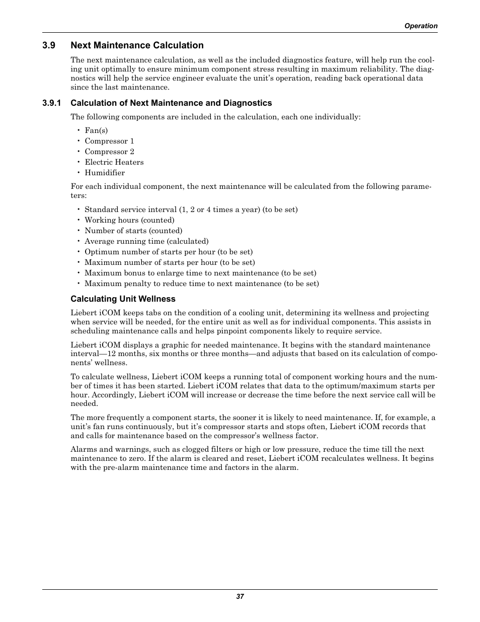 9 next maintenance calculation, 1 calculation of next maintenance and diagnostics, Calculating unit wellness | Next maintenance calculation, Calculation of next maintenance and diagnostics | Emerson Liebert iCOM User Manual | Page 43 / 84