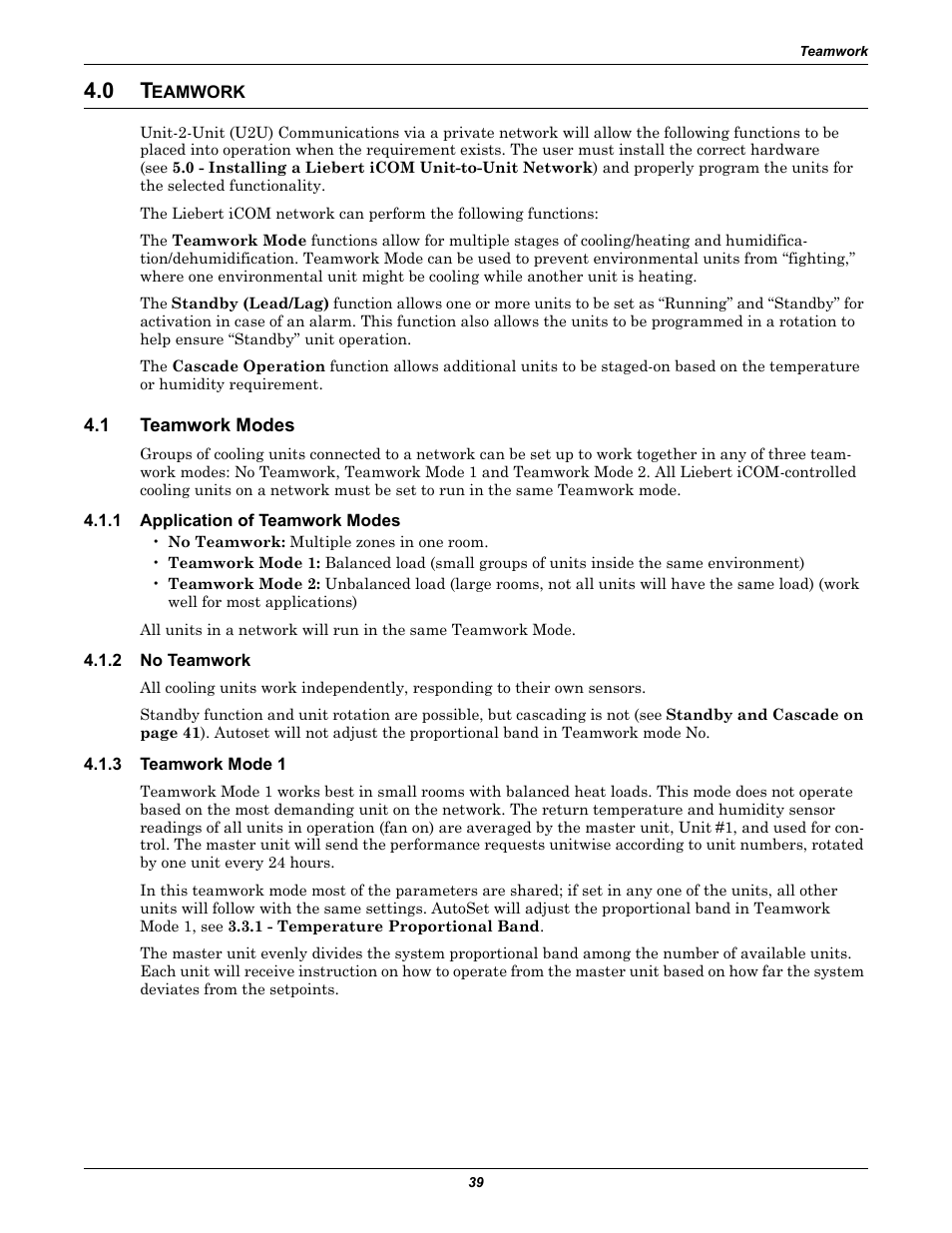 0 teamwork, 1 teamwork modes, 1 application of teamwork modes | 2 no teamwork, 3 teamwork mode 1, Eamwork, Teamwork modes, Application of teamwork modes, No teamwork, Teamwork mode 1 | Emerson Liebert iCOM User Manual | Page 45 / 84