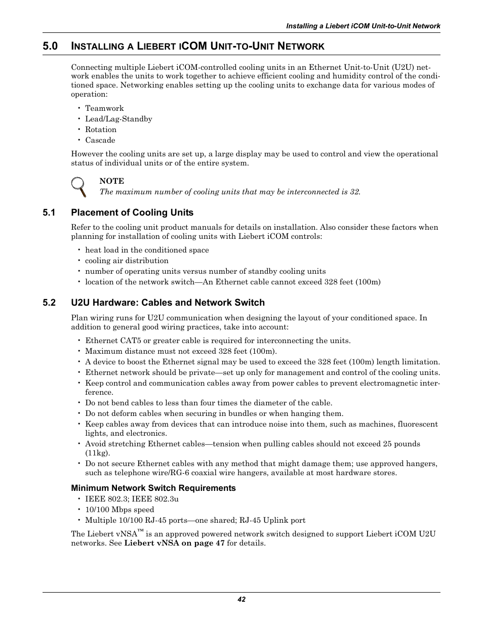 0 installing a liebert icom unit-to-unit network, 1 placement of cooling units, 2 u2u hardware: cables and network switch | Minimum network switch requirements, Nstalling, Iebert, Com u, Etwork, Placement of cooling units, U2u hardware: cables and network switch | Emerson Liebert iCOM User Manual | Page 48 / 84