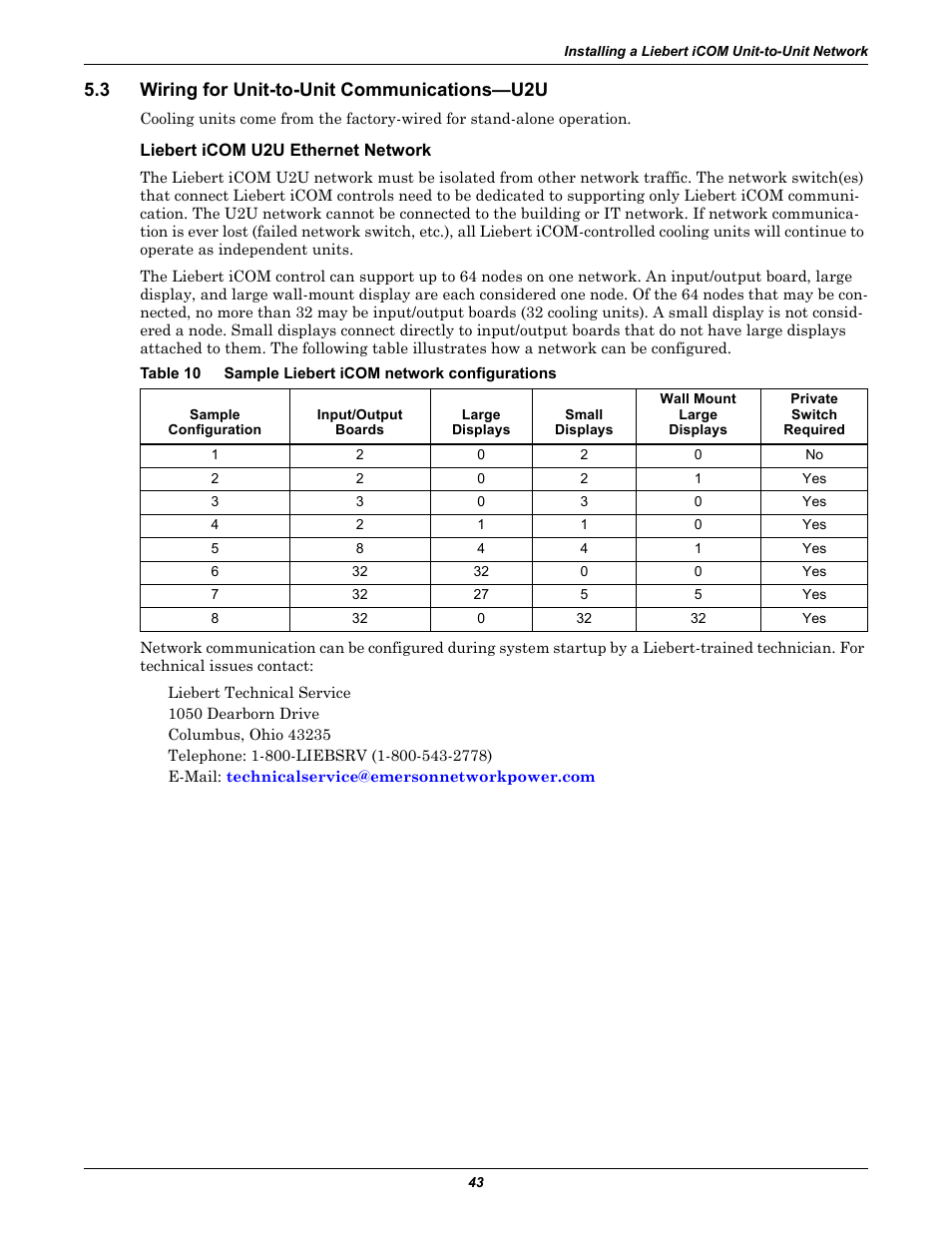 3 wiring for unit-to-unit communications—u2u, Liebert icom u2u ethernet network, Wiring for unit-to-unit communications—u2u | Table 10, Sample liebert icom network configurations | Emerson Liebert iCOM User Manual | Page 49 / 84