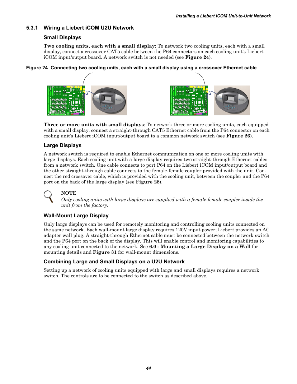 1 wiring a liebert icom u2u network, Small displays, Large displays | Wall-mount large display, Wiring a liebert icom u2u network | Emerson Liebert iCOM User Manual | Page 50 / 84