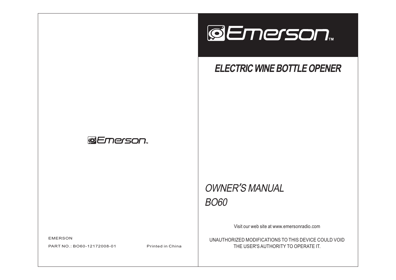 Emerson Radio BO60 User Manual | 5 pages