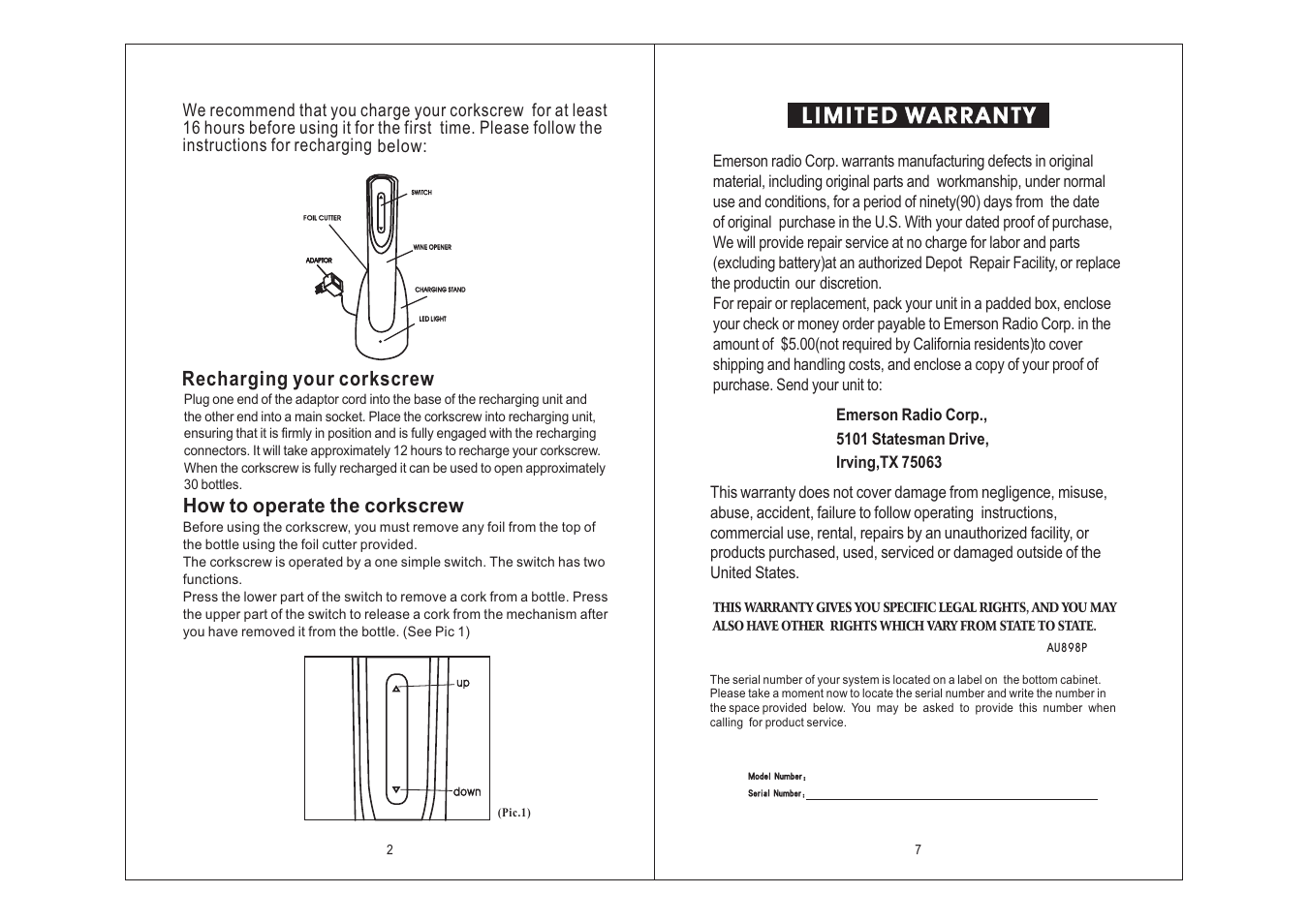 Limited warranty, How to operate the corkscrew, Recharging your corkscrew | Emerson Radio BO60 User Manual | Page 3 / 5