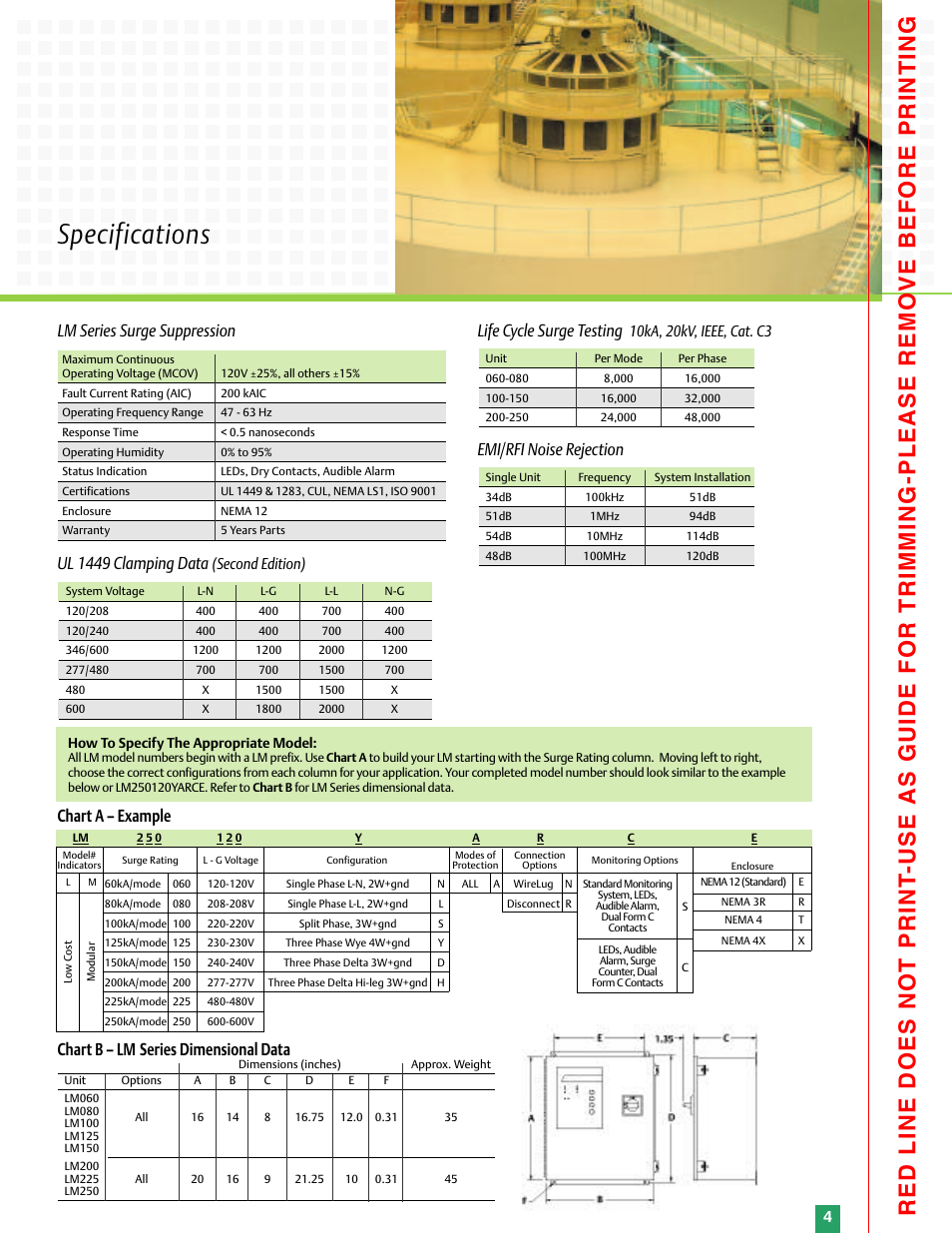 Specifications, Lm series surge suppression, Ul 1449 clamping data | Chart b – lm series dimensional data, Life cycle surge testing, Emi/rfi noise rejection chart a – example | Emerson Liebert LM Series User Manual | Page 4 / 6