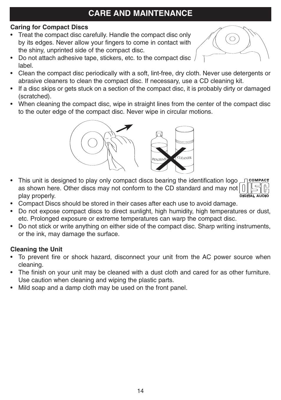 Care and maintenance | Emerson Radio SB225 User Manual | Page 15 / 18